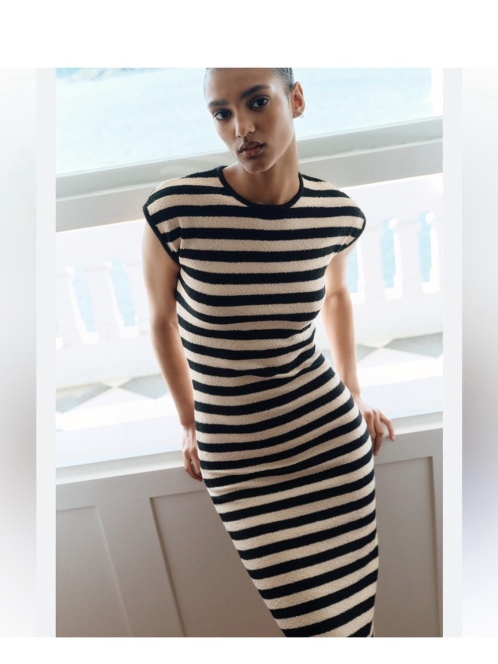Zara Black and Cream Striped Midi Dress